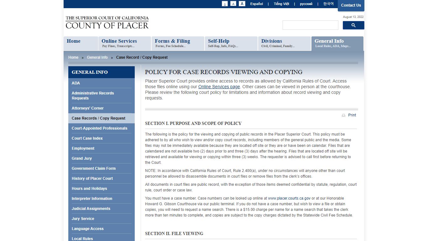 Records Request - Placer County Superior Court