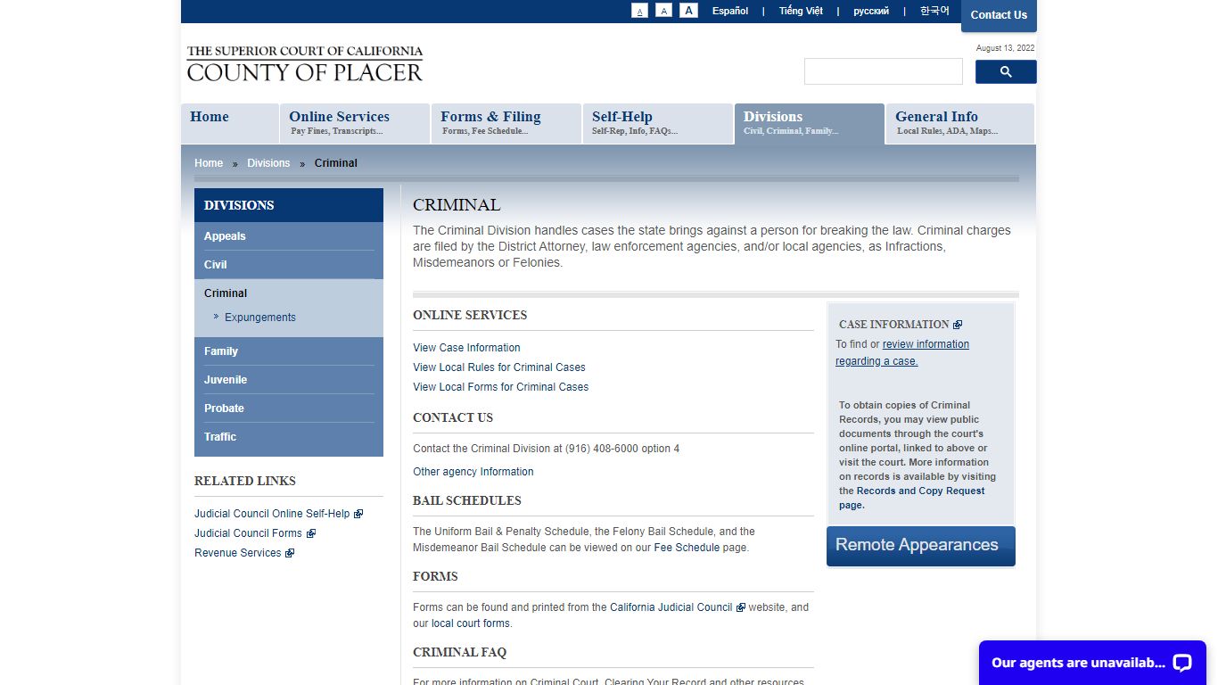 Criminal Division - Placer County Superior Court